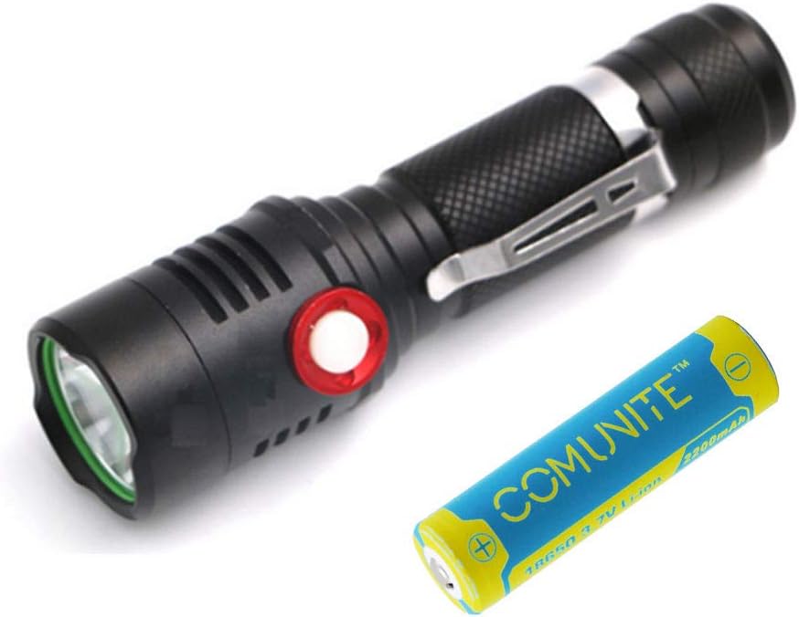 Comunite HT-USB Flashlight, Chargeable LED Torch 800 Lumens, 18650 Battery (Included), 3 Modes High/Strobe/Gradually Darken for Indoors and Outdoors (Camping, Hiking, Cycling and Emergency Use)