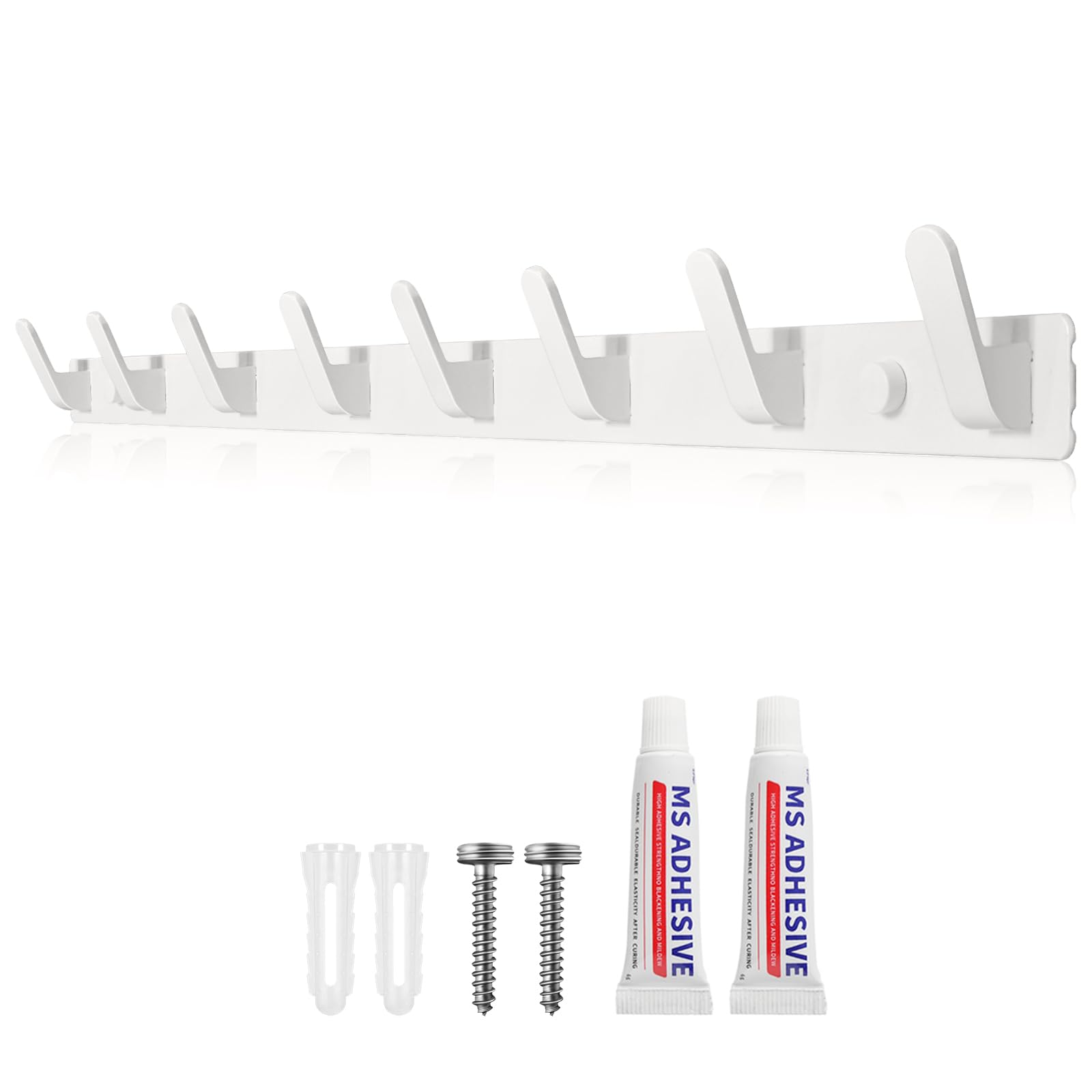 Sevenpers Wall Mounted Coat Hooks, Heavy Duty Coat Rack with 8 Hooks, Multipurpose Wall Hooks for Hanging Clothes, Robes, Bags, Towels, Keys - White