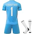 SHENDYWF 24/25 Light Blue Activewear No.1 Courtois Soccer Fans Training Shirt Kits for Boys and Adult