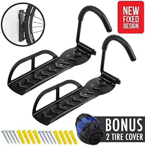 2pcs Vertical Bike Rack Wall Storage Hanger [NEW FIXED DESIGN] Hold Up to 66 lbs with Military Grade Steel and Anti Slip Rubber Hook for Mountain Bicycle Bike on Ceiling Indoor Storage Home Garage