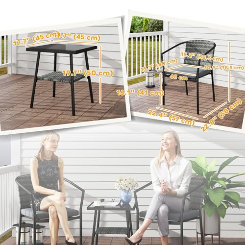 Outsunny 3 Piece Wicker Patio Furniture Set, PE Rattan Bistro Set with Armchairs, 2-Tier Glass-Top Table, Cushions, Outdoor Conversation Furniture for Porch, Balcony, Dark Grey