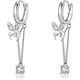 SLUYNZ Sterling Silver Butterfly Drop Dangle Small Hoop Earrings Chain for Women Teens CZ Butterfly Hoop Earrings Huggie
