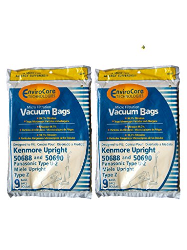 18 Kenmore Sears 50688/50690 U Vacuum Bags, Upright, Canister, Panasonic U-2, Miele Z, Sanyo PU-1 Vacuum Cleaners, MC-117PF, MC-E400, S170i, S170 - S179, S185, S300, SC-A or SC-U