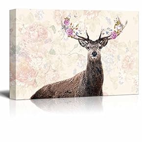 Deer with Flowers in Antlers with Floral Background