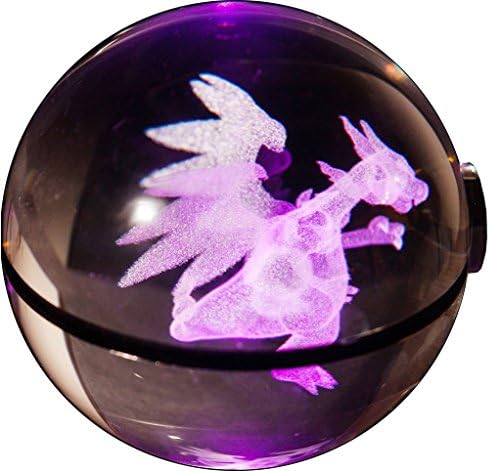 Clear K9 Crystal 3D Pokemon Go Inspired Inside Engraved Lasermarked Glowing Pokeball with LED Rotary Lamp Base Toy Light Lamp (Charizard)