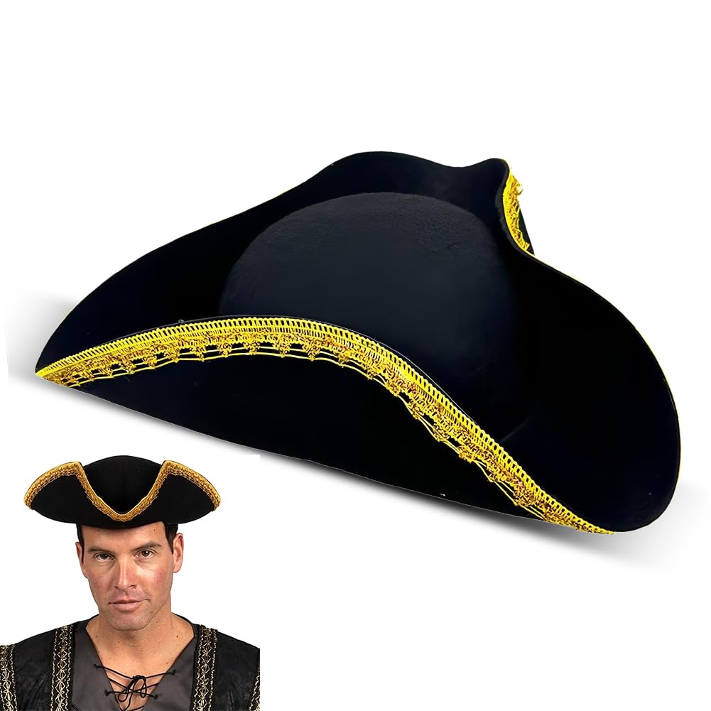 YUPDFGB Pirate Captain's Hat Adults Pirate Hat Tricorn, Black and Gold Trimming Pirate Hat Headwear for Fancy Dress Costumes Accessory Halloween Costume Accessory