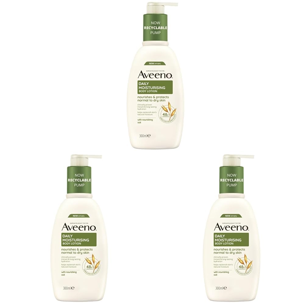 Aveeno Daily Moisturising Body Lotion, With Soothing Oats & Rich Emollients, Suitable For Sensitive Skin, Nourishes and Protects Normal to Dry Skin, Fragrance Free, 300ml (Pack of 3)