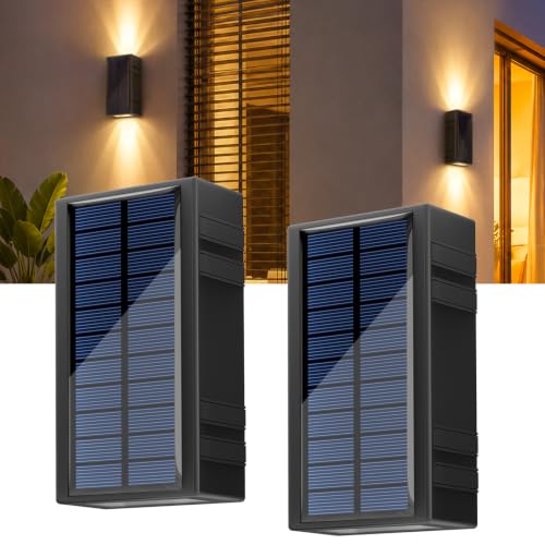 Lacasa Luz Solar Exterior de Pared, 2 Pack 2 Modos Luces Solares Apliques | 2 Colores en 1 (2700K/6500K), Impermeable IP65, Up & Down Iluminación Auto On/Off, LED Lampara Solar para Jardin Garaje Patio