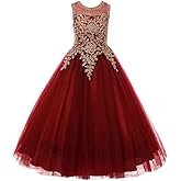 Formal Little Girls Long Pageant Dresses Prom Ball Gown Gold Lace Burgundy Tulle