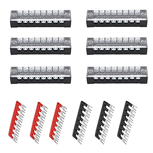 Ruidee 12pcs (6 Set) Terminal Block 8 Positions Dual Rows Covered Screw Terminal Block 600V 15A + 6Pcs 8 Positions Pre-Insulated Fork Terminal Barrier Strip Red/Black 400V 15A TB-U1508