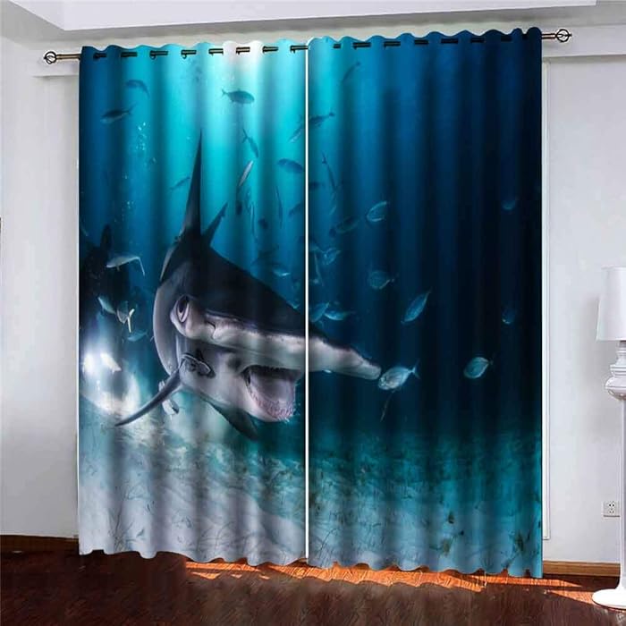 Shorping Window Darkening Curtains, Window Panels Curtains Living Room Curtains Shark Swimming Among with Open Mouth in Divers Bahamas Window Curtains for Bedroom 52X63 Inches, 2 Pc