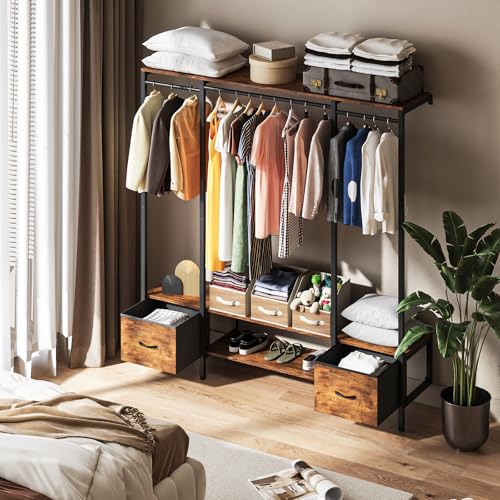 Simple Wisdom Perchero para Ropa, Closet Armables para Ropa, Closet de Madera, Montado en la Pared, Organizador de Ropa con Dos Cajones de Tela, Tamaño: 156 * 32 * 160 CM, Color Retro