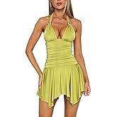 Womens Halter Short Mini Dress V Neck Cut One Piece Top Bodycon Flowy Irregular Ruffle Ruched Backless Party Gown Dresses