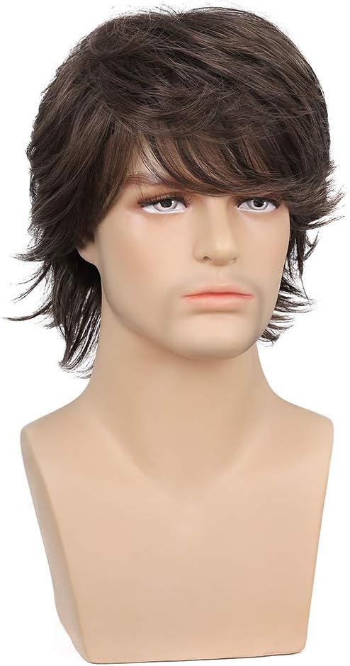 Mens Wig Brown Short Layered Natural Wave Synthetic Male Wigs with Bangs Halloween Cosplay Party Costume Daily - Image 5
