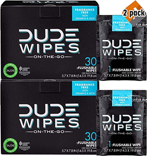 Dude Wipes Flushable Wet Wipes (2 Packs, 30 Wipes Each) Individually Wrapped for Travel, Unscented Wet Wipes with Vitamin-E & Aloe, Septic and Sewer Safe - 2 Pack