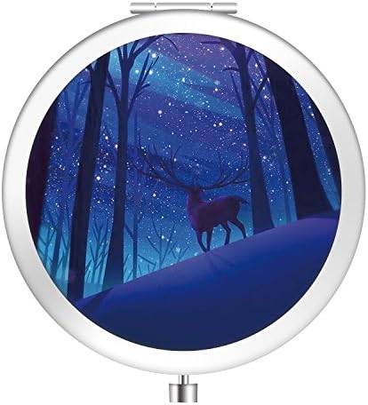Mini Purse Makeup Mirror,Funny Cat Unicorn Silver Round Double Sided Portable Travel Cosmetic Folding Mirror For Ladies/Girls(Deer Tree Galaxy)