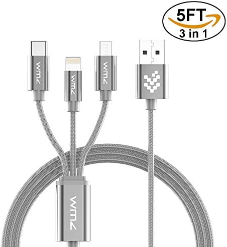 Multi Charger Cable,WMZ 3 in 1 USB Mutiple Charging Cable 3.3 FT with Lightning,Micro USB,USB C Connectors for Android and iPhone Ports for iPhone 8,8 Plus,7,7 Plus,6,6S,iPad,Macbook,Samsung Galaxy S8