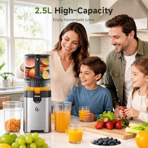 AMZCHEF Cold-Press-Juicer-Machines, 165MM Large Feed Chute, 600W DC Motor, Slow Masticating Juicer with Pre-Cut Blade, 2 Strainers for Juice, Nut Milk & Sorbet, High Juice Yield, Easy to Clean