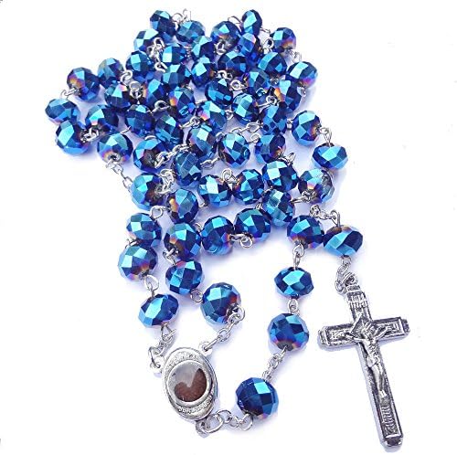 First Rosary Beads 810mm Big Blue Crystal Cross Rosaries Necklace Religious Catholic Church Prayer Beads