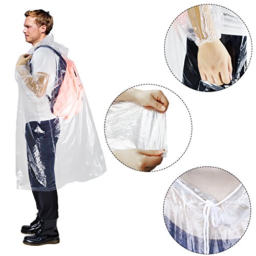 Aiduy Rain Poncho, Emergency Disposable Rain Ponchos with Drawstring Hood and Elastic Sleeve for Adults Men and Women, Survival Kit Accessory for Camping, Hiking, Traveling, Sporting - 5 Pack - Thumbnail 3