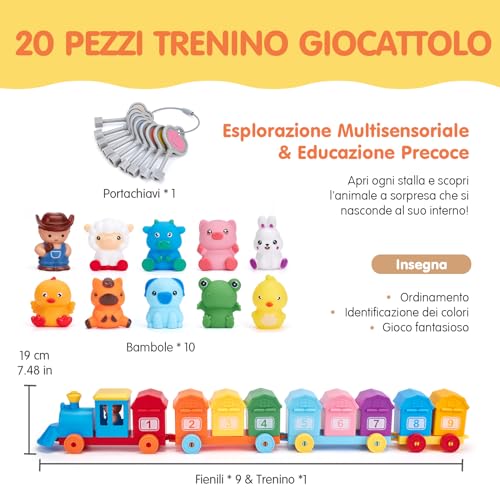 hahaland Giochi Montessori 1 Anno, Animali Giocattolo per Bambini con Conteggio, Abbinamento e Ordinamento, Set di Treno Giocattolo Fattoria Animali Bambini, Educativi Regalo Giochi Bambini 1 2 3 Anno