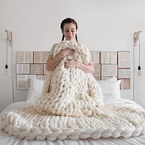 Wool Yarn Knit Blanket, Ultra-Thick Hand-Knitted Air Condition Throw Blanket Chunky Giant Large Wool Blanket Best Holiday Gift (39 X 59 inch, White)