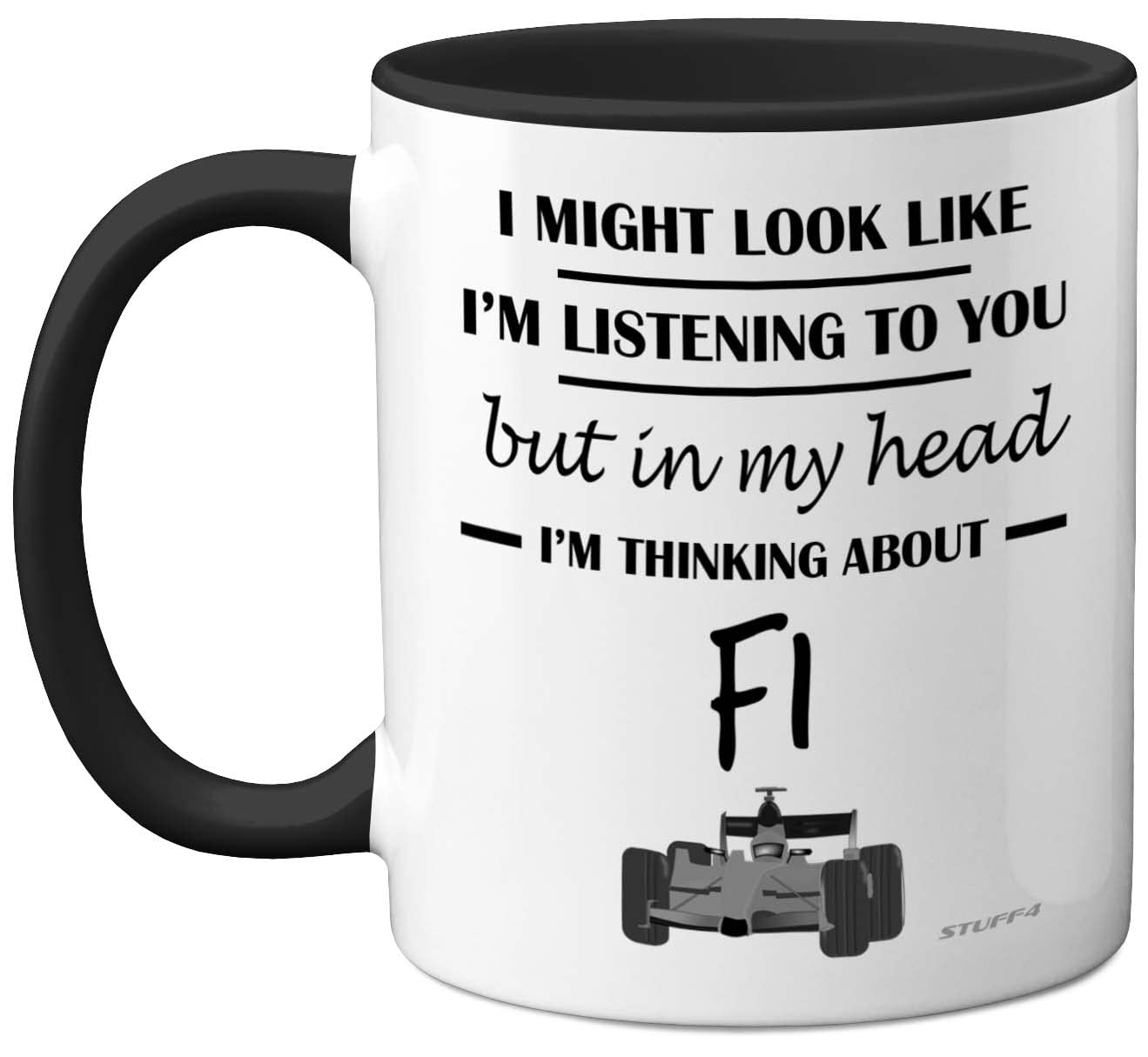 Stuff4 Formula 1 Gifts - in My Head I'm Thinking About F1 - Funny F1 Gifts for Men, Car Lover for Him, Mug, Formula One 11oz Ceramic Dishwasher Safe Black Handle Mugs Novelty Cup