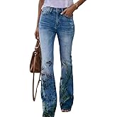 Womens Denim Printed Floral Graphic Elastic Waist Palazzo Pants Casual Loose Wide Leg Zipper Trousers with 2 Pockets