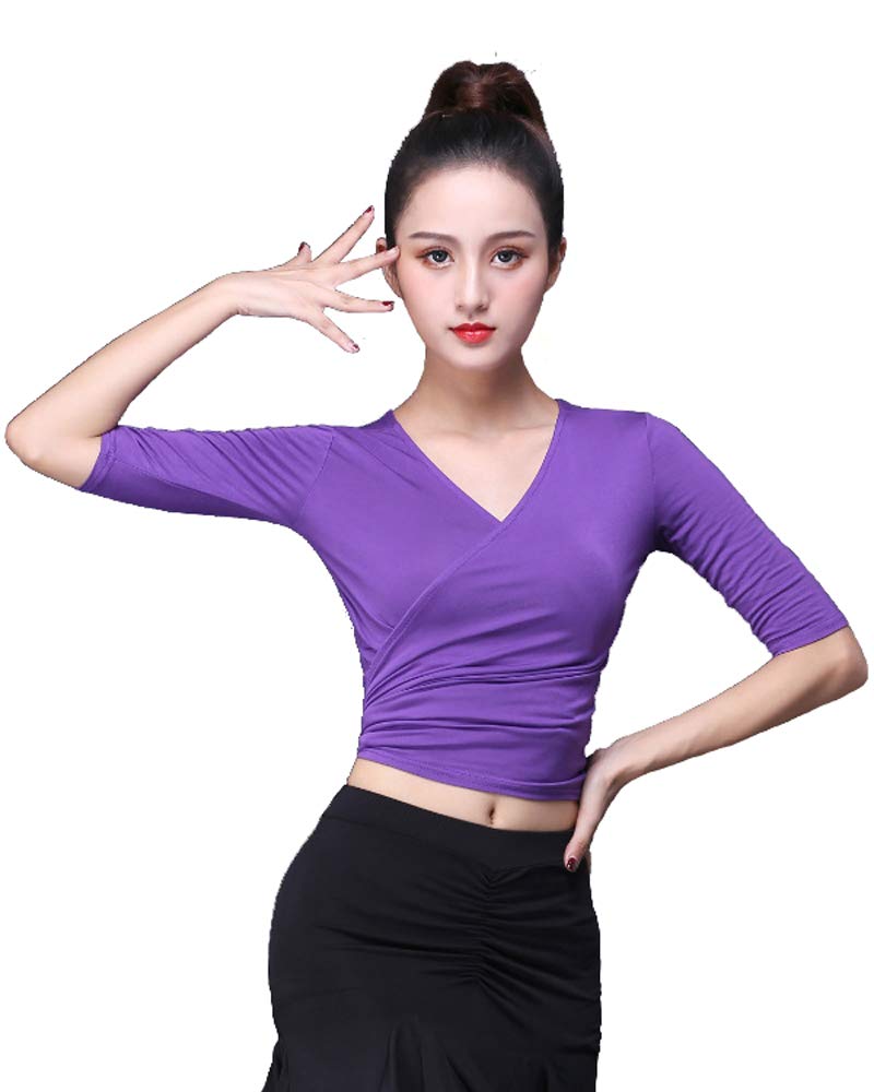 Womens latin dance blouse crop top tee black/purple/blue girls salsa samba tango chacha rumba 1/2 long sleeve party shirt (as8, alpha, m, regular, regular, Purple)