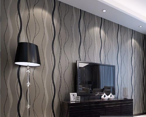 QIHANG Wallpaper High-Grade Non-Woven Flocking Simple Curve Style Wallpaper Roll 4 Colors 0.53m(20.8")*10m(32.8')=5.3㎡(57sqfeet) (Black&Gray)