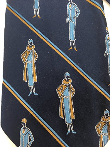 Lady Art Deco Vintage Tie - Jacquard Weave Wide Kipper Necktie Stripe Navy Blue