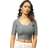 Fressia Fabrics Round Neck Pure Dobby Cotton Stretchable Elbow Sleeve Readymade Saree Blouse for Women Stylish (208_silver_4XL)