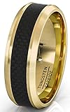 8mm 18k Plated Gold Tungsten Ring Black Carbon Fiber Surface Beveled Edges Comfort Fit