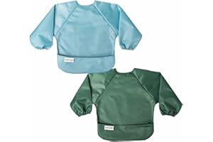 Tiny Twinkle Long Sleeve Bib for Babies & Toddlers | 2-Pack Waterproof Smock Bib for Eating | Machine Washable & Mess-Proof Feeding Essentials | Newborn Shower Gift (Slate Olive,6–24M)