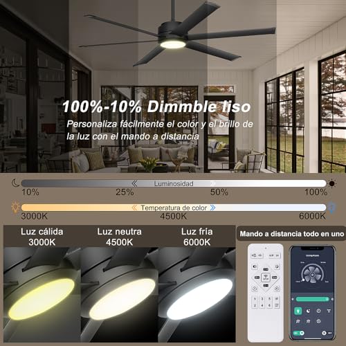 Ohniyou Ventilador de Techo con Luz, Ventilador de Techo Industrial de 60 Pulgadas con Control Remoto y APP, Regulable, Motor de CC, Ventilador de Techo Grande para Patio Sala de Estar, Negro