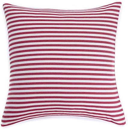 Homier Red Striped Cotton Decorative Pillow Cover Throw Cushion Case for Sofa Couch - Candy/Crimson/Lipstick Red Narrow Stripes with Stripe Accent PIping - 100% Cotton, 20 x 20 Inches