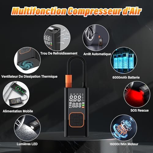 Compresseur de Gonflage Pneus Portable 150 PSI 7.4V – Pompe à Air sans Fil Digitale avec Batterie 1800mAh×2, Pression Préréglée, Arrêt Automatique et LED pour Voiture Moto Vélo Ballons
