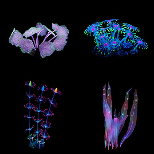 Uniclife 4 Pack Fish Tank Decorations Glowing Effect Aquarium Décor Small Silicone Artificial Jellyfish Coral Plant Ornament