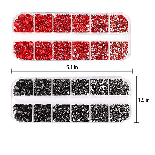 3000 PCS Rhinestones for Craft, Phogary Red & Black Flat Back Rhinestones 6 Sizes (2-5 mm) with Pick Up Tweezer for Crafts Nail Face Art Clothes Shoes Bags Phone Case DIY