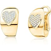 Sterling Silver Wide Hoop Huggie Earrings Simulated Diamonds Heart Polished Shiny French Clip