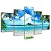 Beach Pictures Wall Art for Living Room, SZ 5 Piece Seascape Canvas Prints of Tropical Palm Tree and Caribbean Island Sandy Seaside (Dark Blue, Bracket Fixed, 1