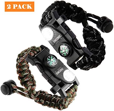 Paracord Bracelet, Survival Bracelet, 20 in 1 Survival Gear Kit with Waterproof SOS LED Light Emergency Knife Whistle Compass Fire Starter for Camping Hiking Cycling (2 Pack)