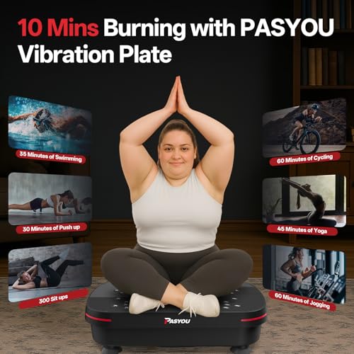 PASYOU Vibration Plate Exercise Machine, Whole Body Workout Equipment for Athletes and Fitness Enthusiasts, Low Noise Vibrating Plate Machine with 2 Resistance Bands & Remote Control for Home & Office