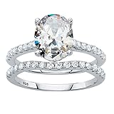 Platinum over Sterling Silver Oval Cut and Round Cubic Zirconia 2 Pair Bridal Ring Set