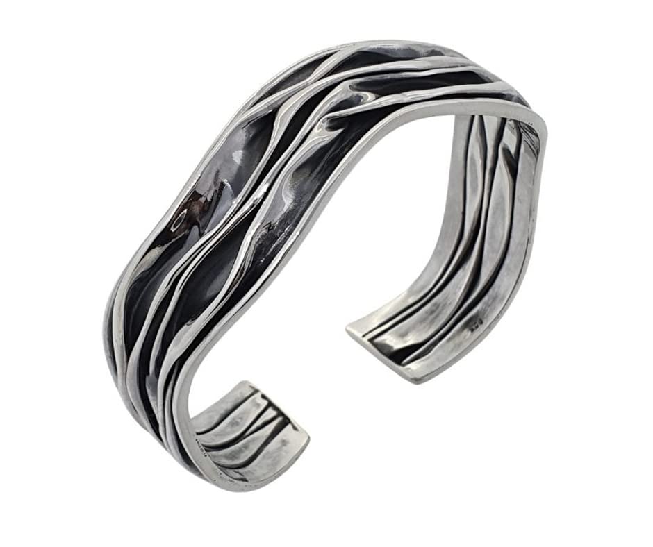Treasure Bay Women's Bracelet - Crushed Style 925 Sterling Silver Cuff Bangle Bracelet for Women Ladies Girls (15mm)