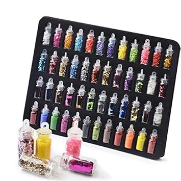 Trexee 48 in 1 Set Of 3D Nail Art Glitter Bottle, Sequins, Rhinestones, Beads (Assorted Colours)