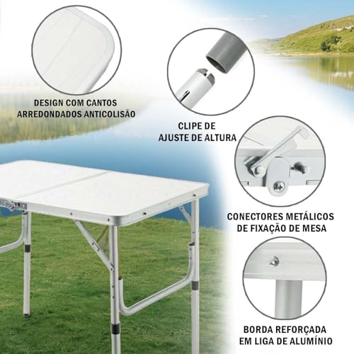 Mesa Maleta Camping Dobrável 90x60cm Ajuste Altura Livre Estável Portátil Alumínio M.R Camping