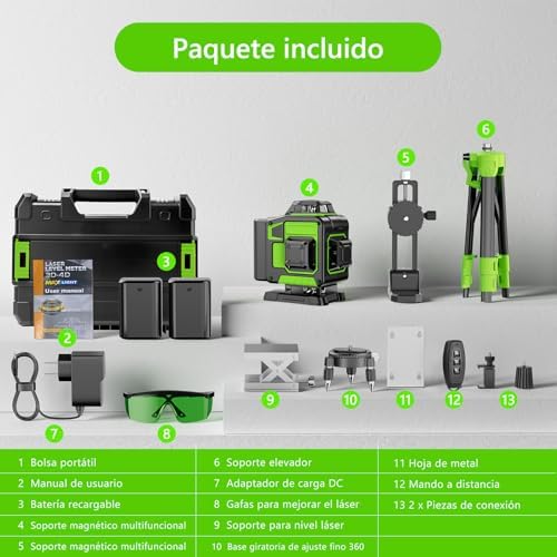 Nível Laser Autonivelante de 360 graus, Laser Verde Nível 16 linhas, 2 x 360 Horizontal e 2 x 360 Verticais, 2 x Bateria, Montagem na Parede, Controlo Remoto, Base Magnética, Suporte Rotativo, Tripé