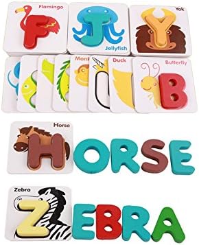 hou zhi liang 1 Set Wooden Alphabet Letters Matching Puzzle ABCs Flash Cards Educational Colorful Cards with Animals for Kids Preschool Toddlers