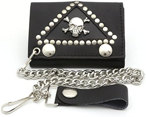 Trifold USA Made Black Leather Biker Wallet Crossbones Skull Design w/ a Chain